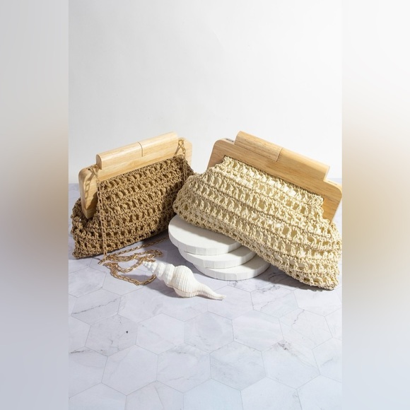 Fame Straw Braided Wooden Top Frame Clutch Bag